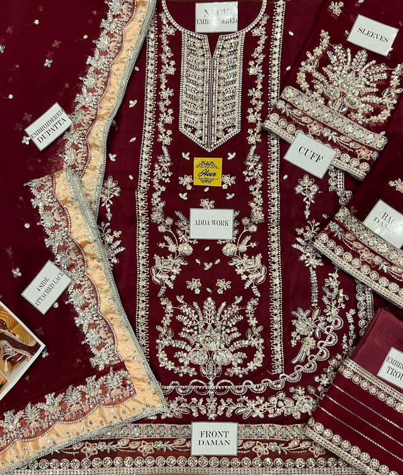 Aneela's Luxury Embroidered Chiffon Wedding Collection- MEROON With Chiffon Duppata -