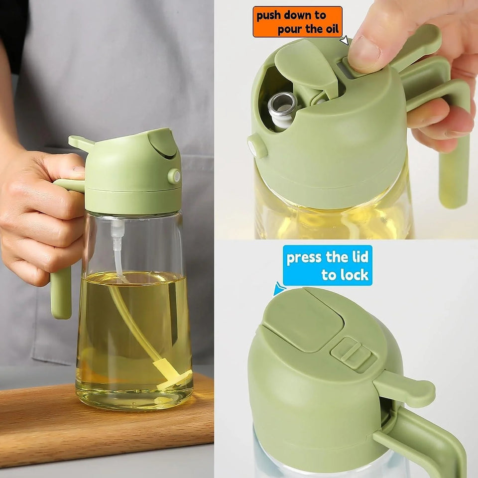 2-in-1 Oil Spray Bottle | Adjustable Mist & Dispenser | 470ml Leak-Proof Glass Container | For Cooking, BBQ, Baking & Air Fryer 500ml (Random Color)